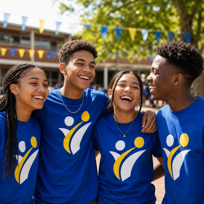 South African school learners celebrating in matching blue class T-shirts