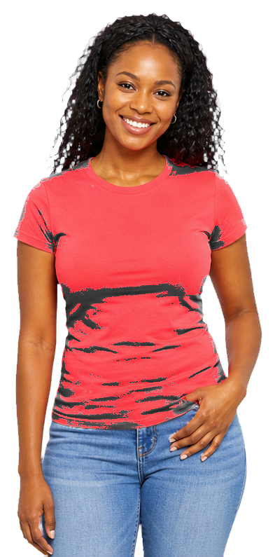 Woman wearing a coral fitted T-shirt