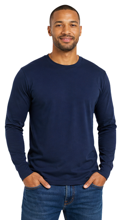 Man wearing a navy long-sleeve T-shirt