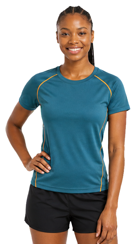 Athlete wearing a teal performance T-shirt