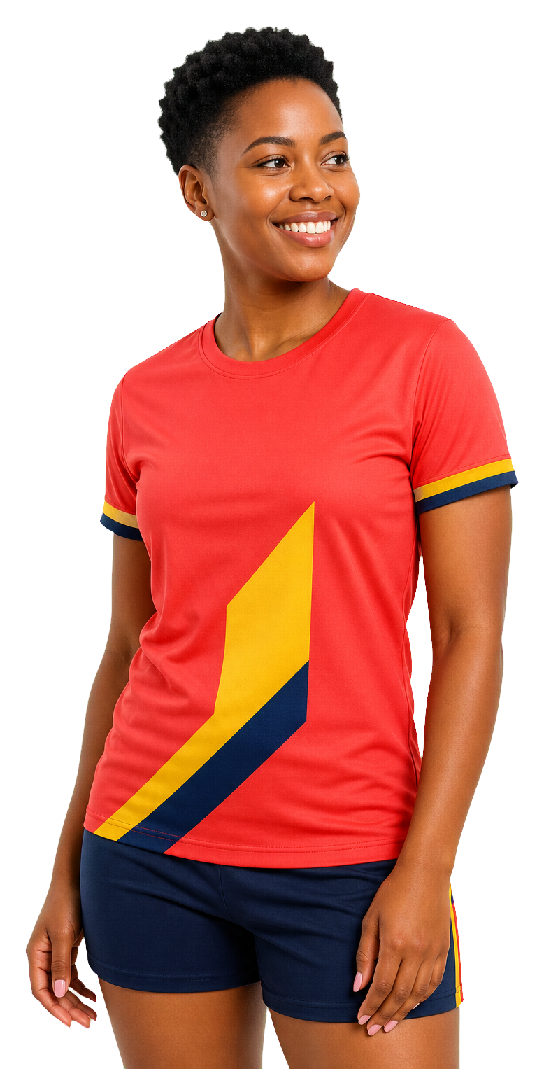 Woman wearing a coral-red T-shirt with yellow and navy branding